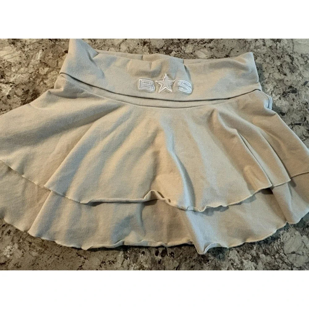 Vintage Y2K Bebe‎ Sport Nude Beige Foldover Logo Ruffle Mini Skirt Medium Rare